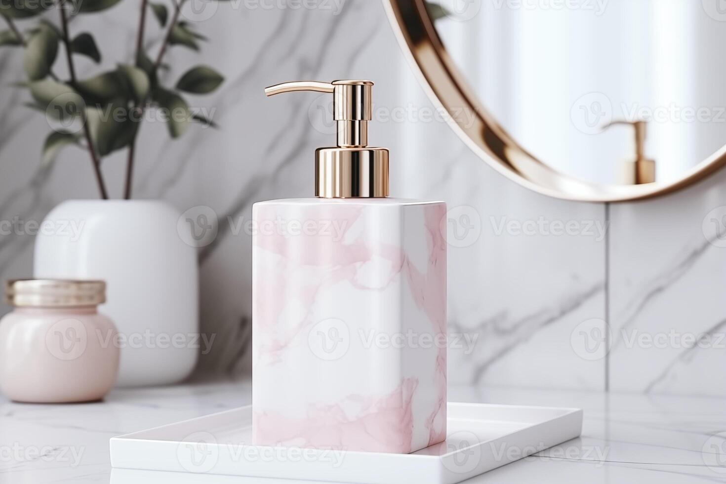AI generated Elegant pink marble soap dispenser on a pristine marble countertop, embodying luxury and cleanliness photo