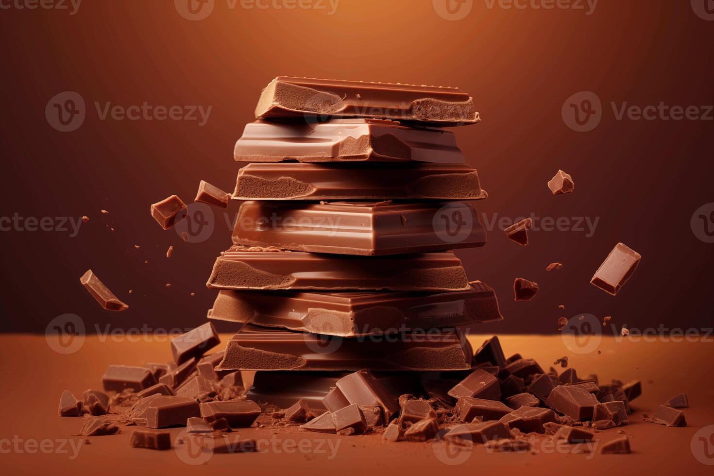 AI generated Tempting stack of milk chocolate bars with flying pieces on a warm brown background, indulgent treat photo