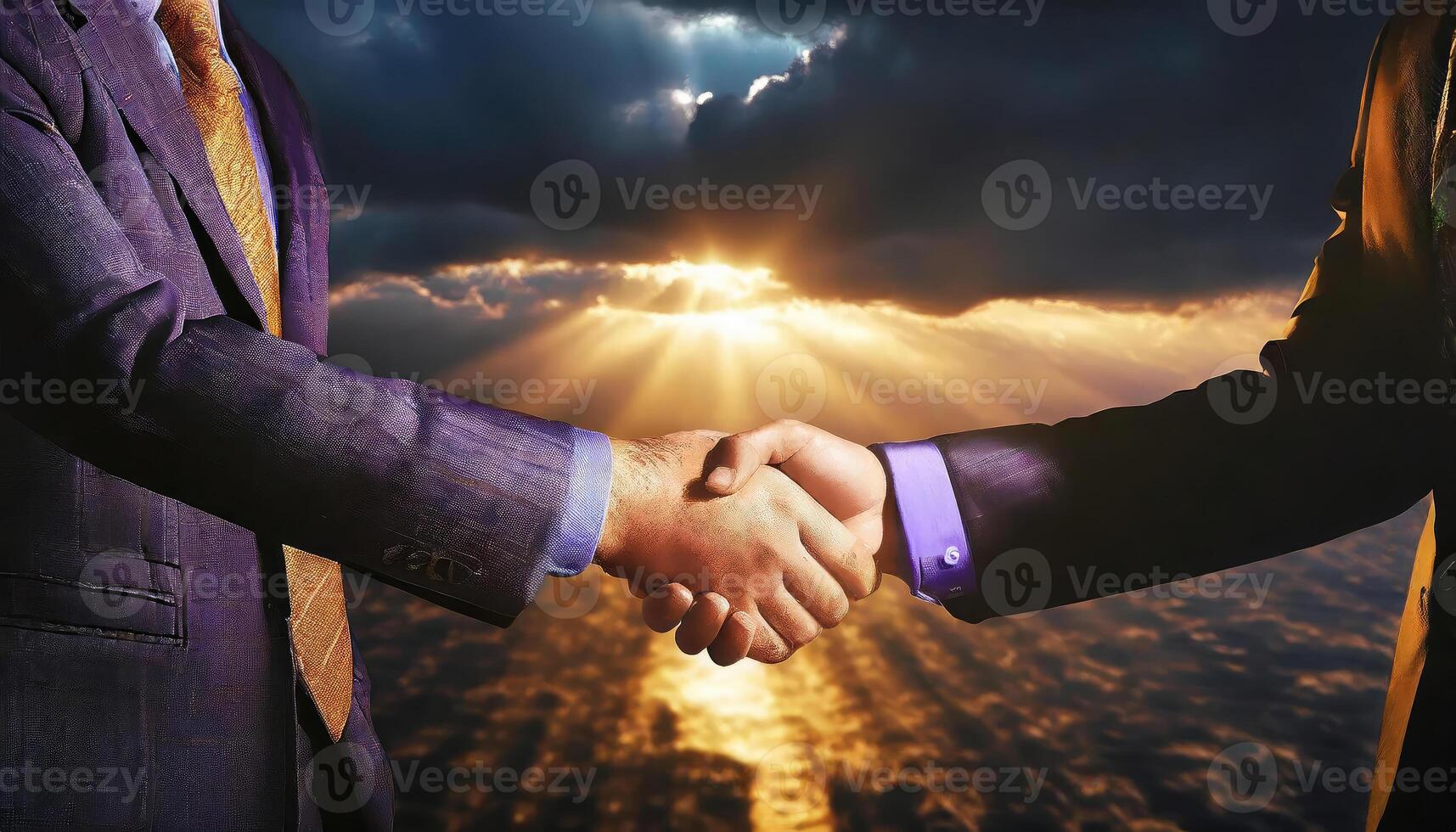 AI generated Business partnership meeting. Picture businessman's handshake. flower in a vase on back, Generated AI photo