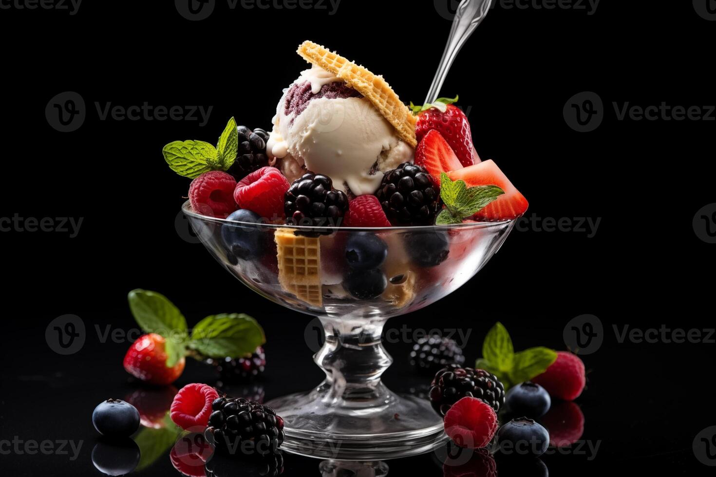 AI generated Gourmet ice cream dessert with fresh berries and mint in a glass bowl on a dark background photo