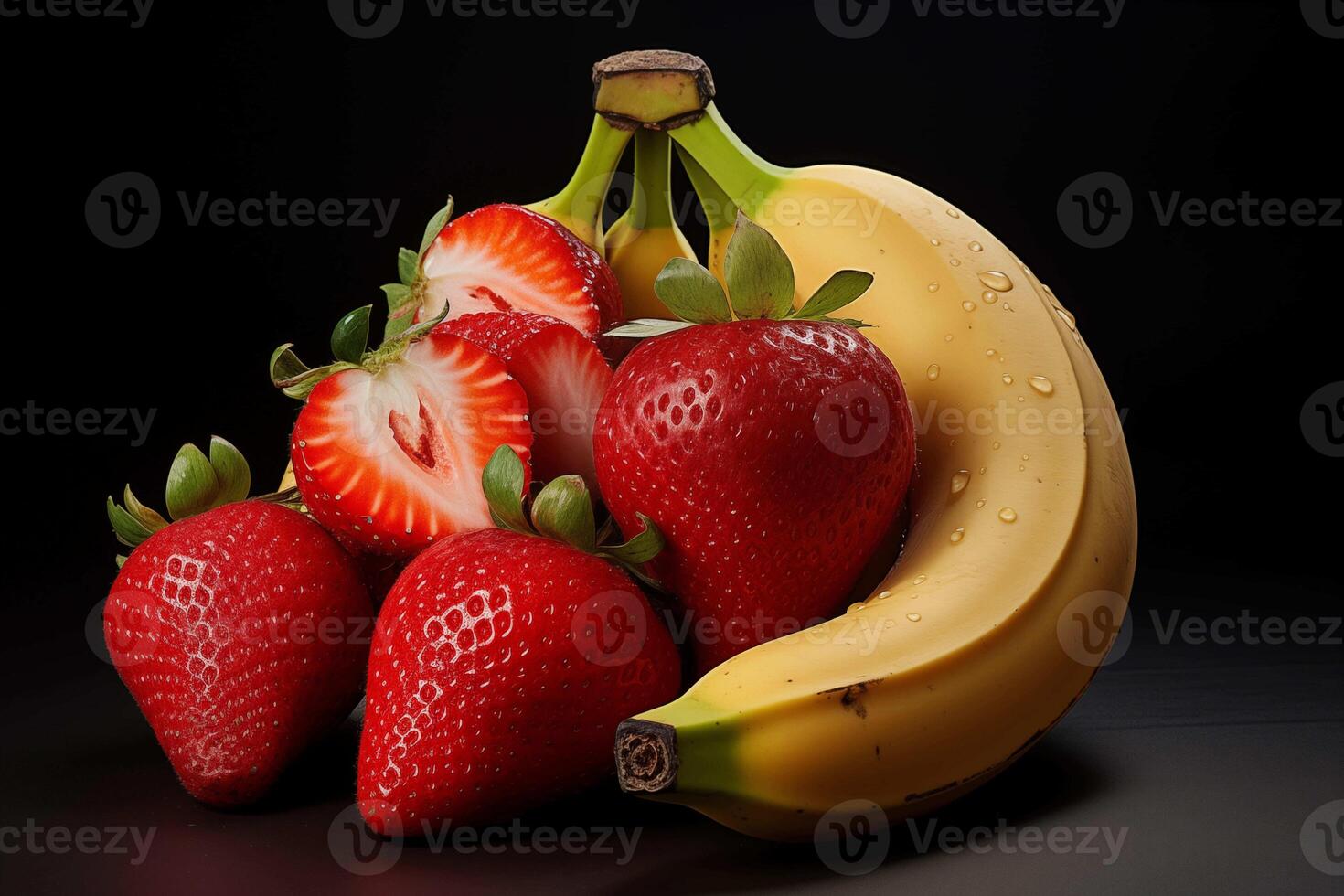 AI generated Ripe bananas and succulent strawberries with fresh water droplets on a dark background, showcasing natural sweetness photo