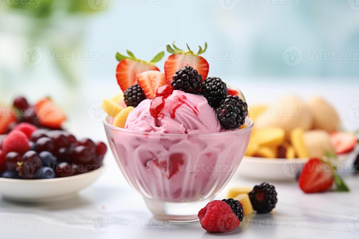 AI generated Bowl of strawberry ice cream garnished with fresh berries on a light marble surface photo