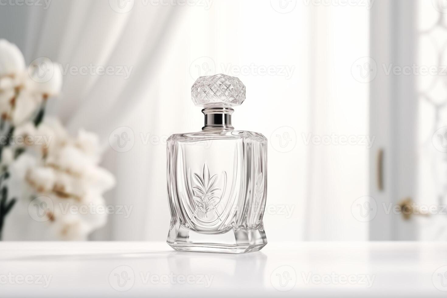 AI generated Elegant perfume bottle on a light, airy background with soft focus flowers photo
