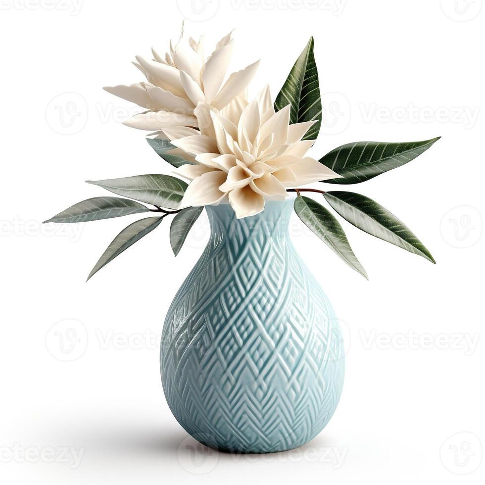 AI generated Elegant boho-style vase with delicate cream flowers and lush green leaves isolated on a white background photo