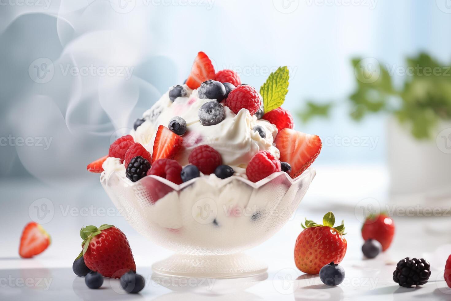 AI generated Refreshing summer dessert with whipped cream and a medley of ripe berries in an elegant glass bowl photo