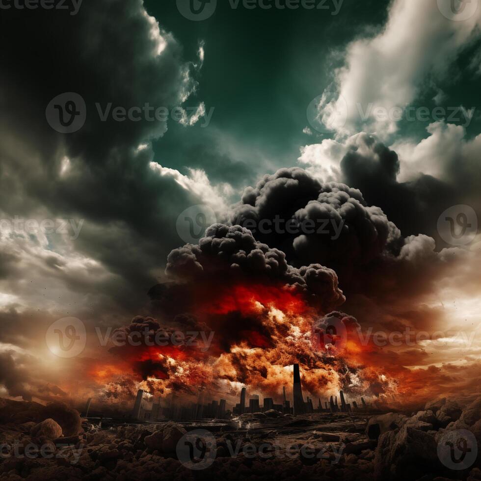 AI generated Apocalyptic vision of a city engulfed in flames under a stormy sky, symbolizing disaster or dystopia photo