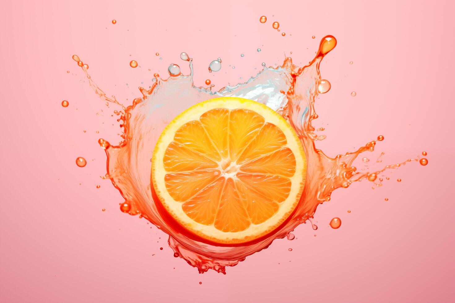 AI generated Vivid orange slice with a dynamic splash on a pink background photo
