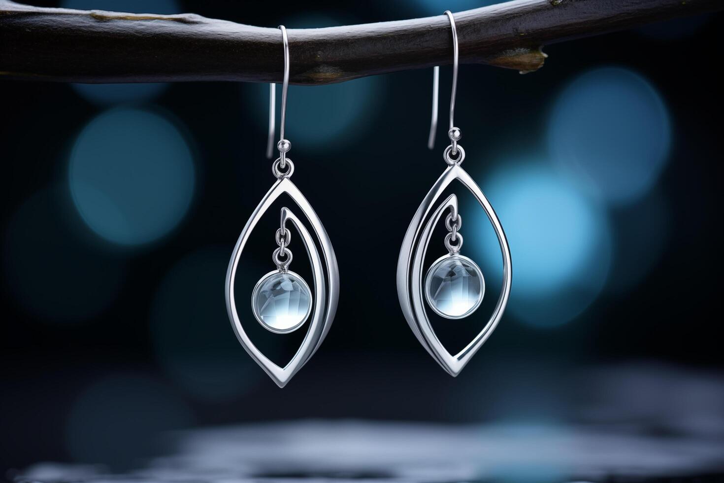 AI generated Elegant silver teardrop earrings with a clear crystal suspended in a minimalist design, against a blurred blue background photo