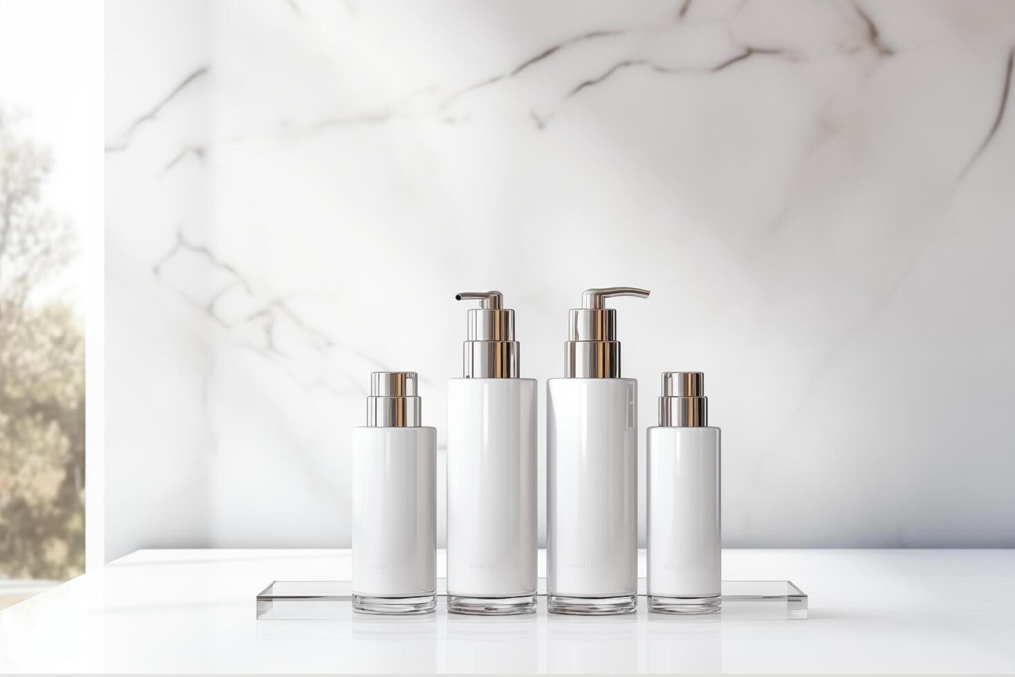 AI generated Elegant cosmetic bottles with metallic dispensers set against a marble background for a luxurious skincare line photo