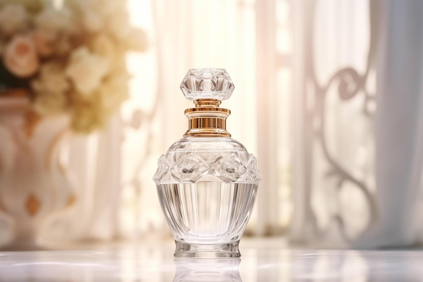 AI generated Elegant perfume bottle on a light, airy background with soft focus flowers photo