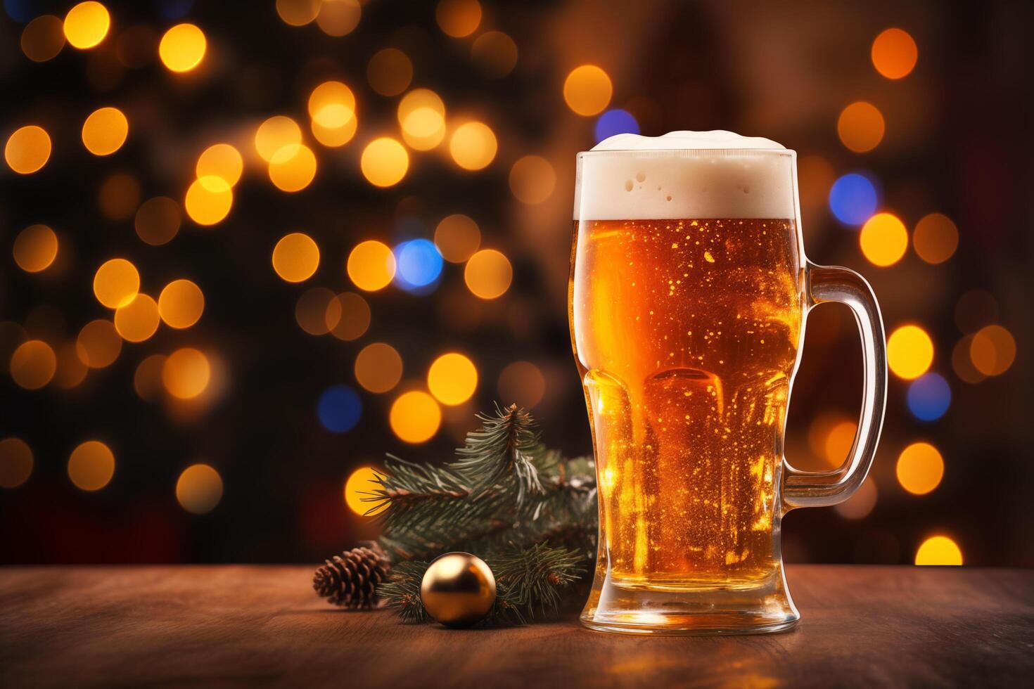 AI generated Festive cold beer glass against a bokeh light Christmas tree background photo