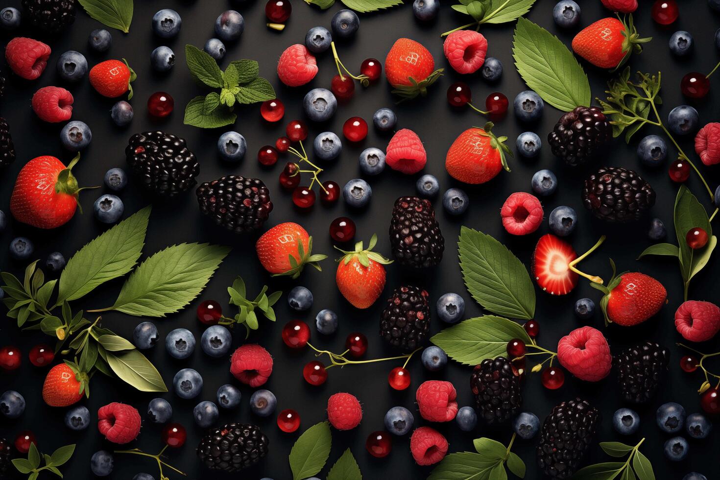 AI generated Luscious assortment of fresh berries with vibrant leaves on dark background, arranged in a flat lay composition photo