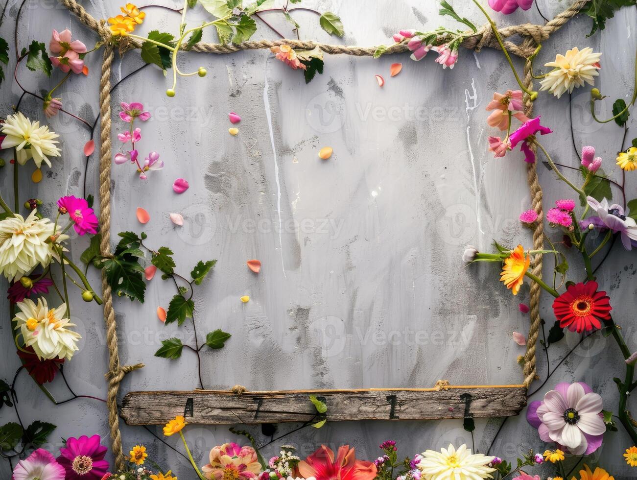 AI generated A handmade wooden sign hung by vine ropes and surrounded by colorful flowers photo