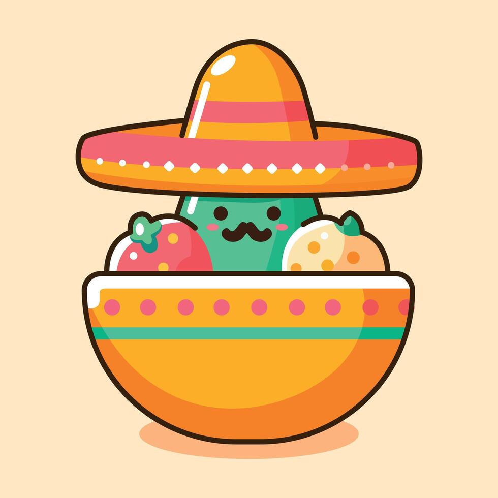 Cute cactus celebrating cinco de mayo with mexican hat in a bowl vector illustration