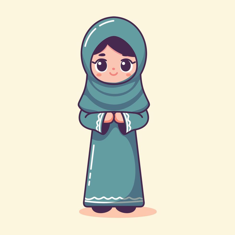 Cute vector illustration of islamic hijab muslim girl apologizing for ramadan eid al fitr