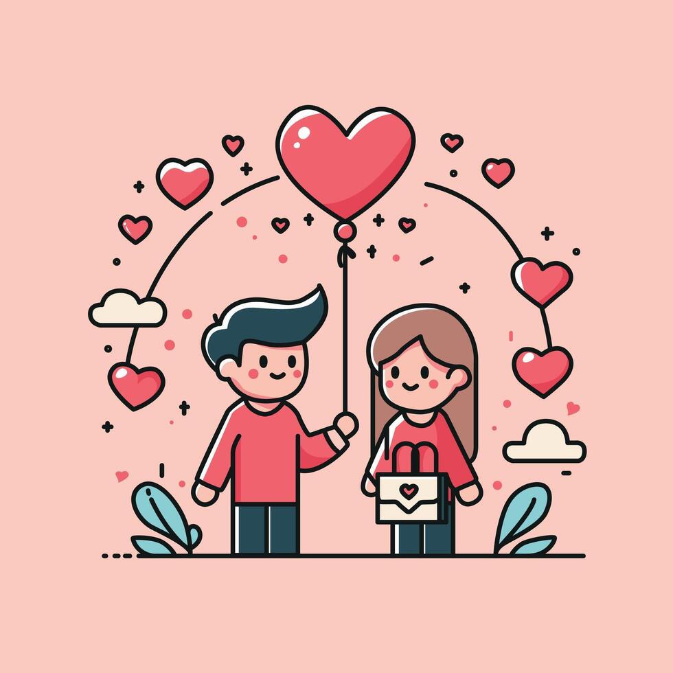 boy and girl valentine couple holding a love balloons vector
