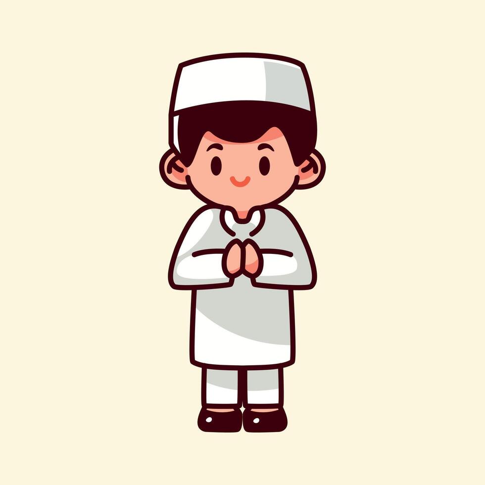 Cute vector illustration of islamic muslim boy apologizing for ramadan eid al fitr