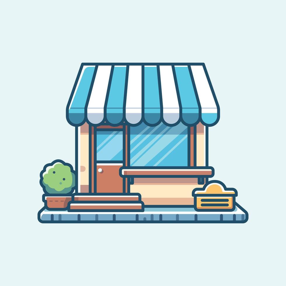 Front store with blue and white striped awning isolated vector illustration