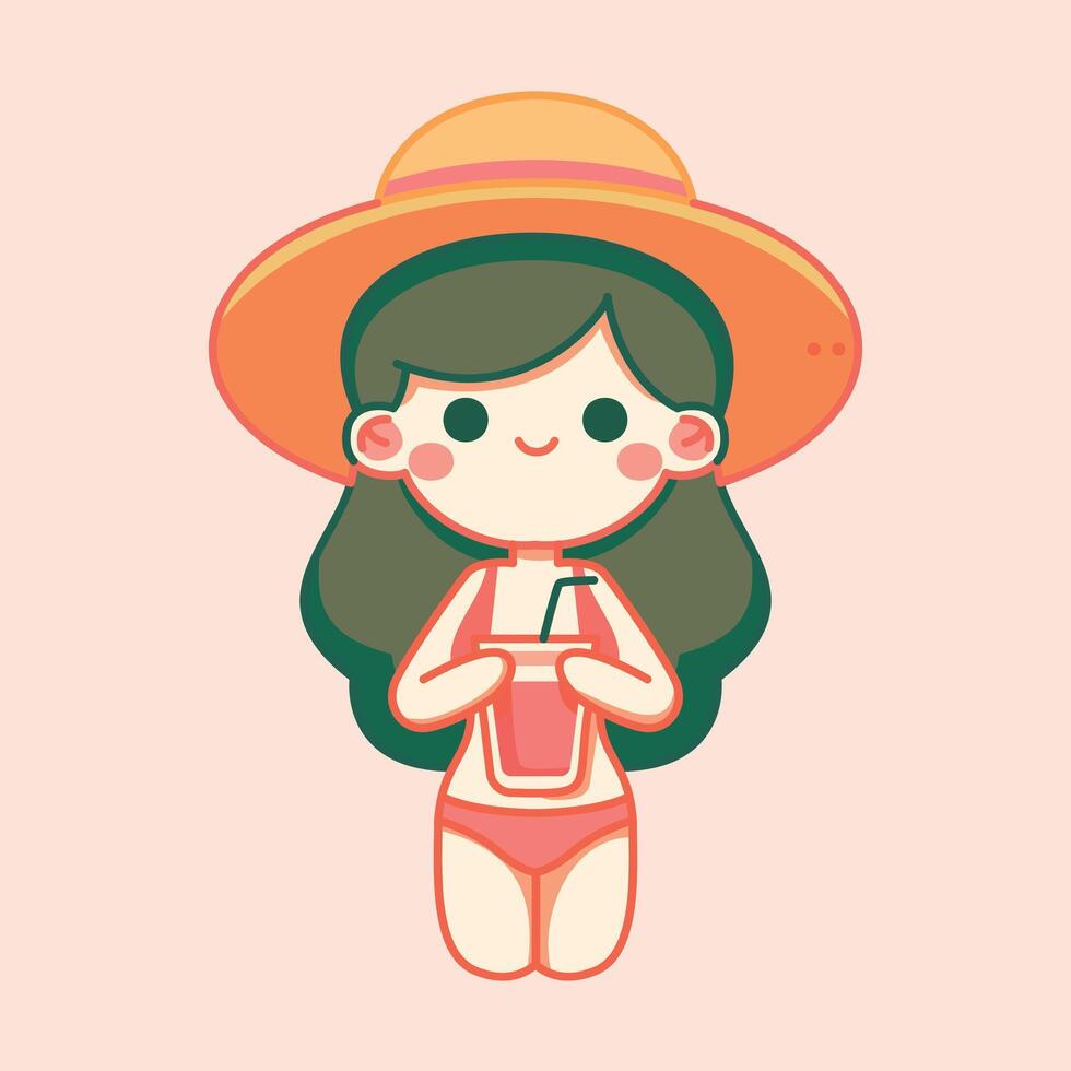 linda vector ilustración verano niña vistiendo sombrero y bebida sandía en verano temporada