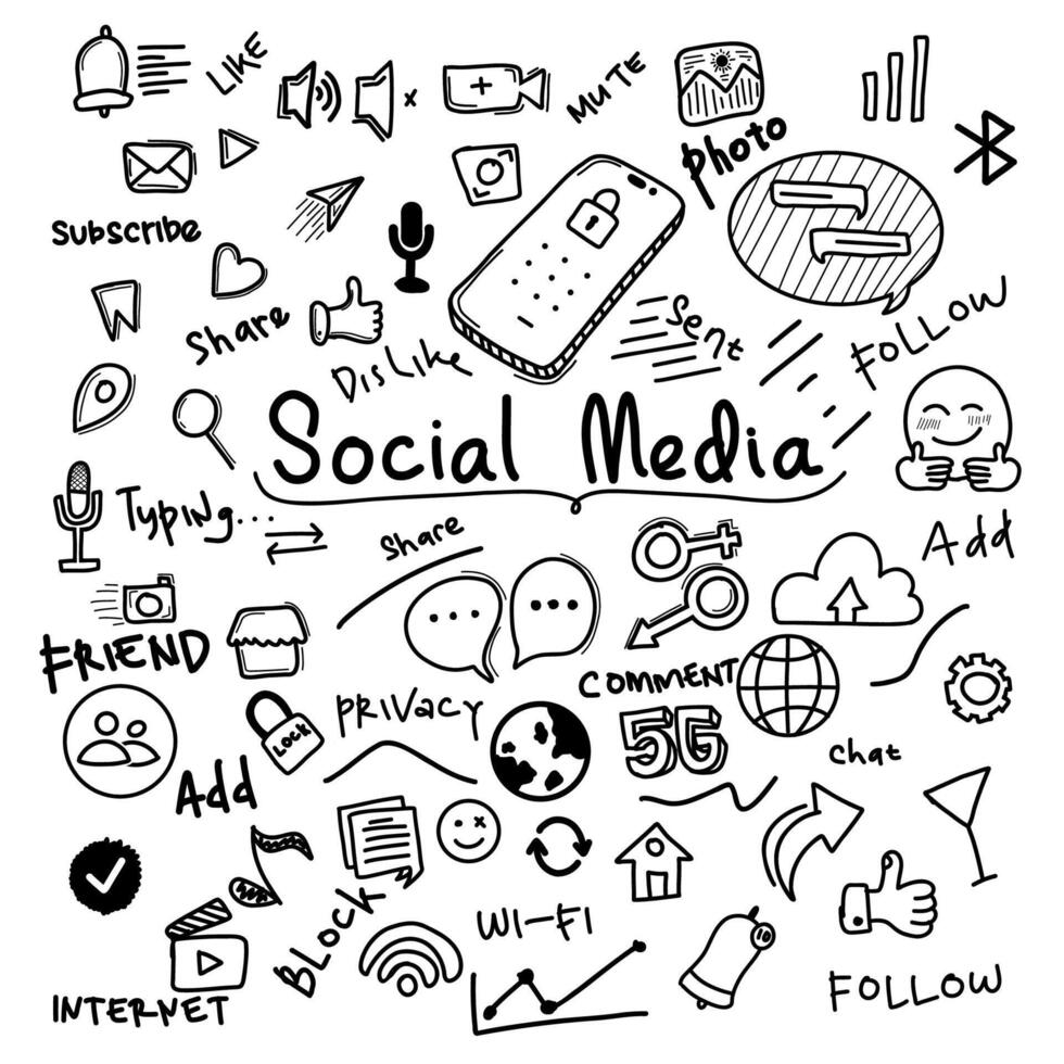 Hand drawn set of social media sign and symbol doodles elements vector