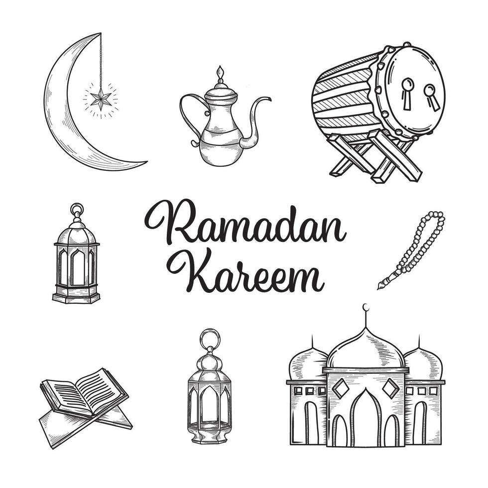 Ramadan Kareem Illustration doodle with hand drawn doodle background vector