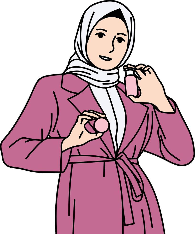 Hijab women pose holding skincare vector