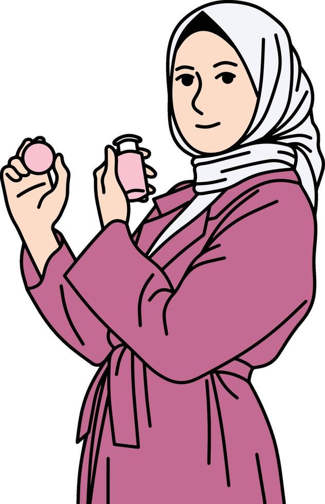 Hijab women pose holding skincare vector