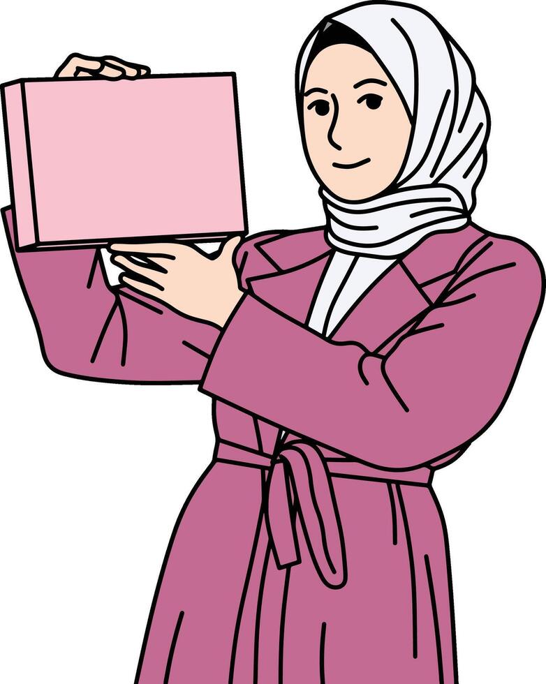 Hijab women pose holding skincare vector