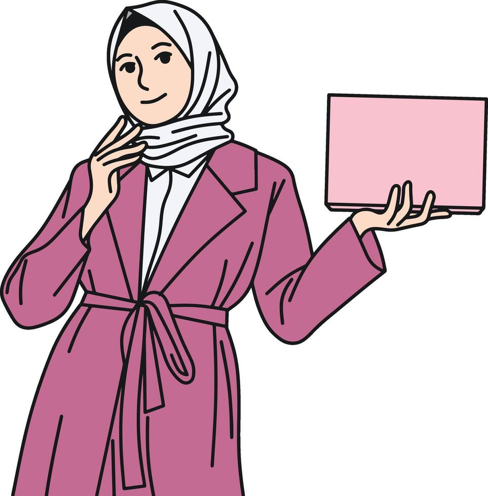 Hijab women pose holding skincare vector