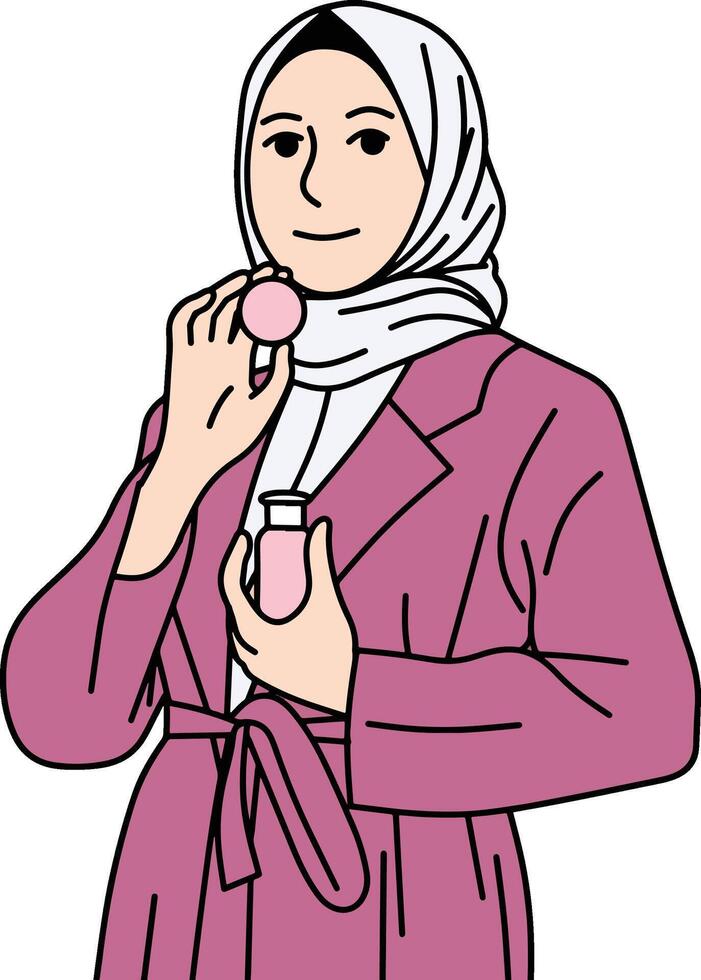 Hijab women pose holding skincare vector