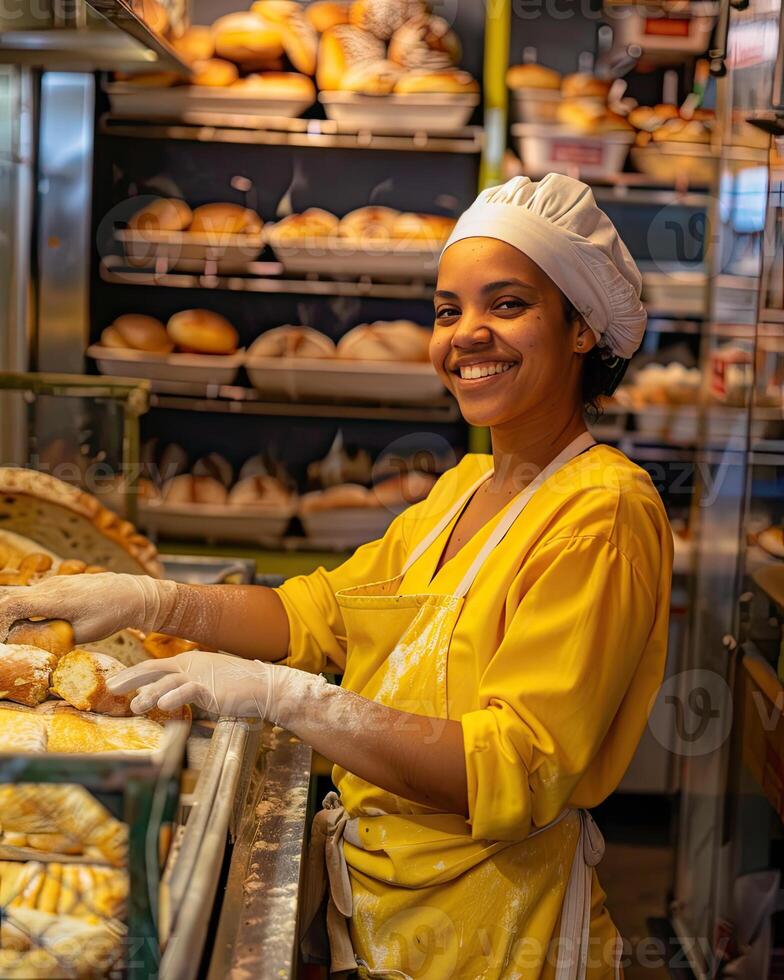 AI generated A baker in a bakery, she is baking bread with a smile photo