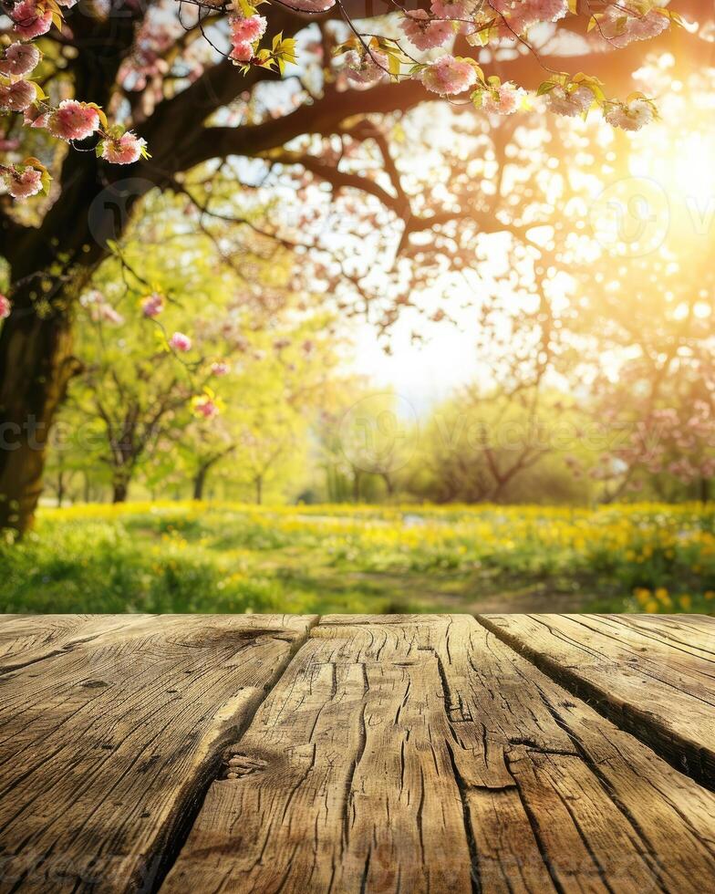 AI generated Spring Table With Trees In Bloom And Defocused Sunny Garden In Background photo