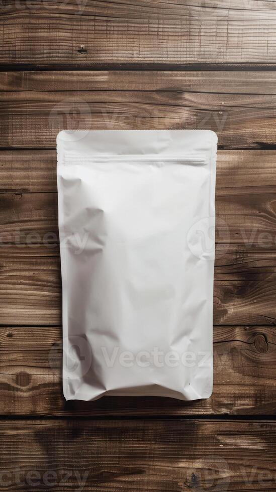 AI generated white packaging bag mockup, on a wooden table photo