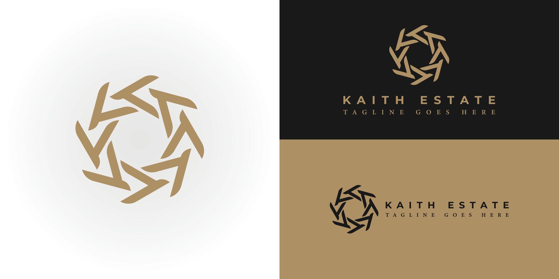 Abstract Letter K or KK monogram logo design vector in gold color isolated on multiple background colors. Abstract radial letter K logo applied for Real Estate Company logo design inspiration template