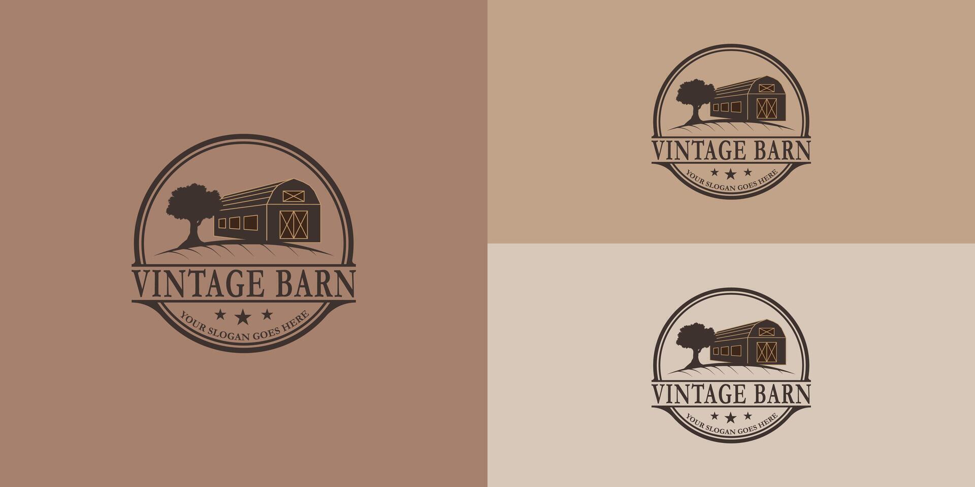 Vintage stamp brown wood barn with oak tree logo design in classic brown color isolated on multiple background colors. The logo is suitable for ranch and farming house livestock business logo design vector