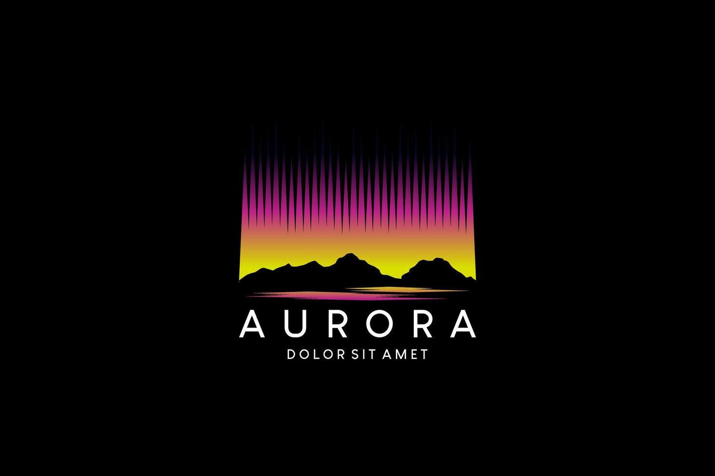 Yellow pink aurora borealis logo design, vector illustration of polar sky glow over the mountains