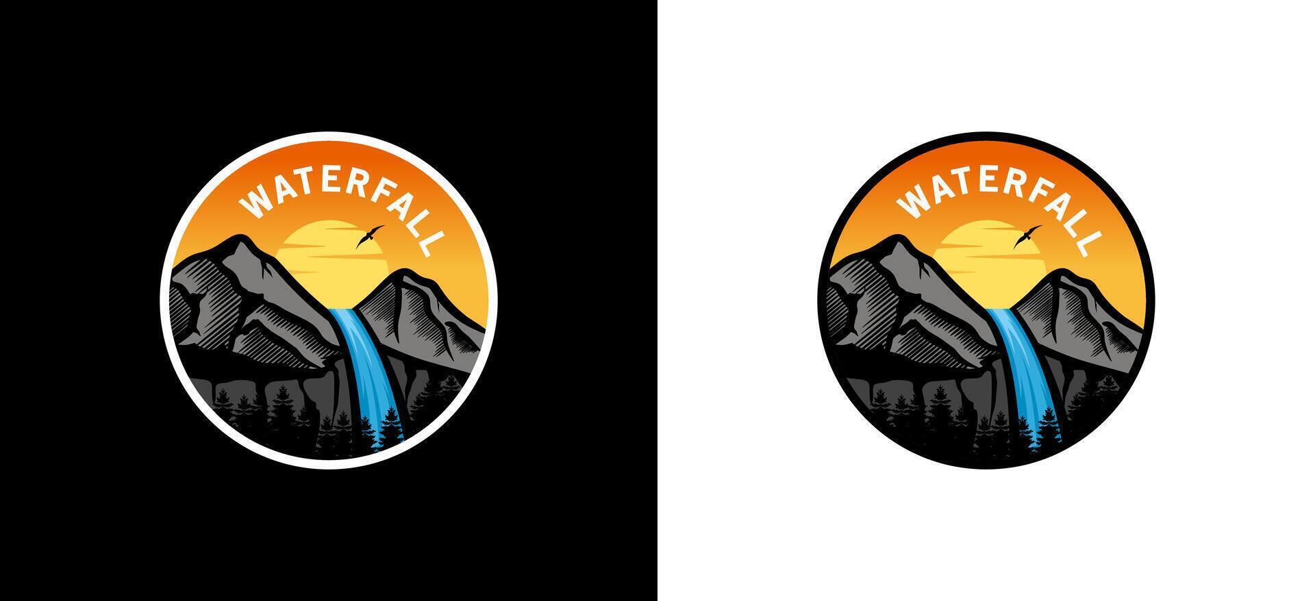 Waterfall logo design, high mountain waterfall vector illustration with sunset shades