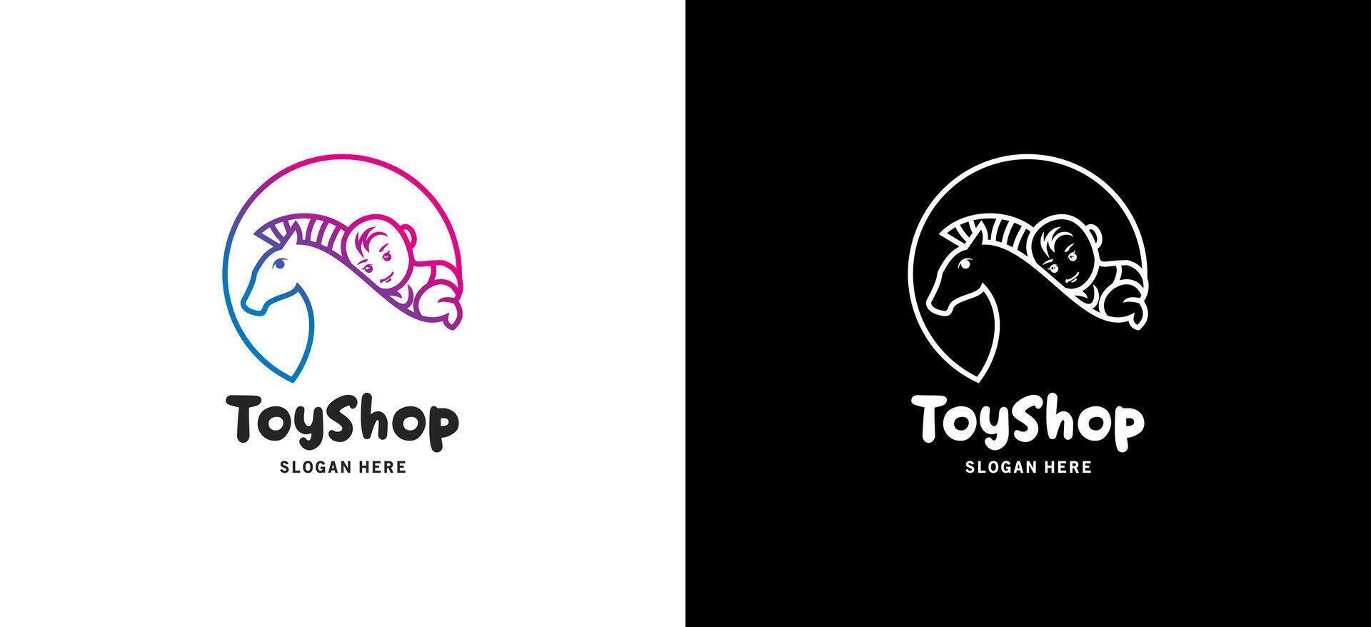 Kids toy shop logo design template with cute little horse and baby symbols vector