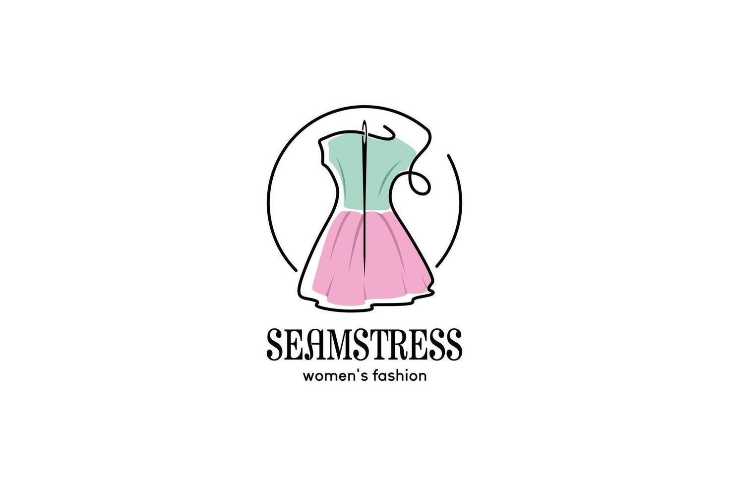 Tailor logo design with needle and thread in women fashion dress concept vector