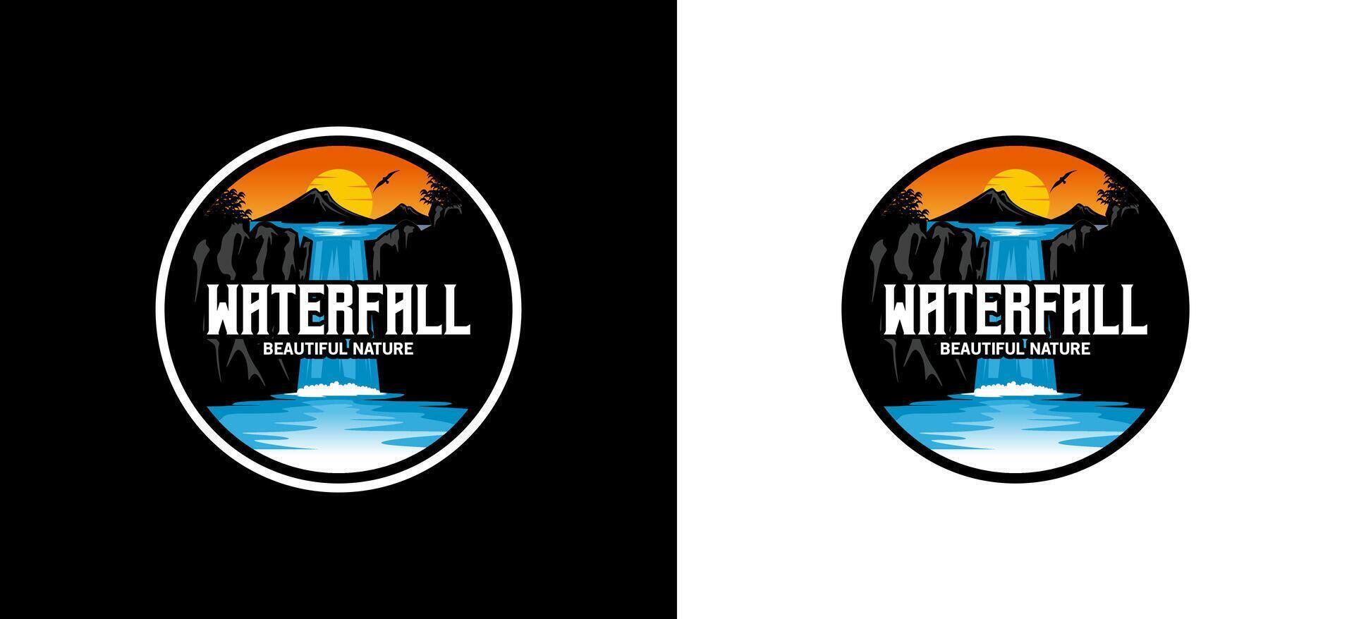 Waterfall logo design, high cliff waterfall vector illustration with sunset shades