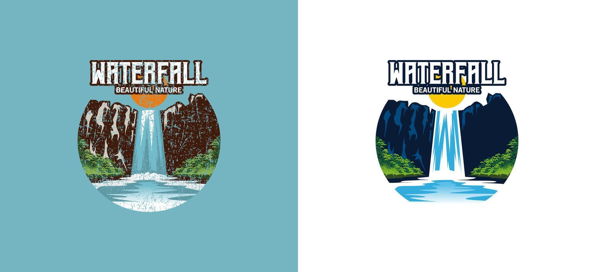Waterfall logo design, high cliff waterfall vector illustration with vintage and modern concept