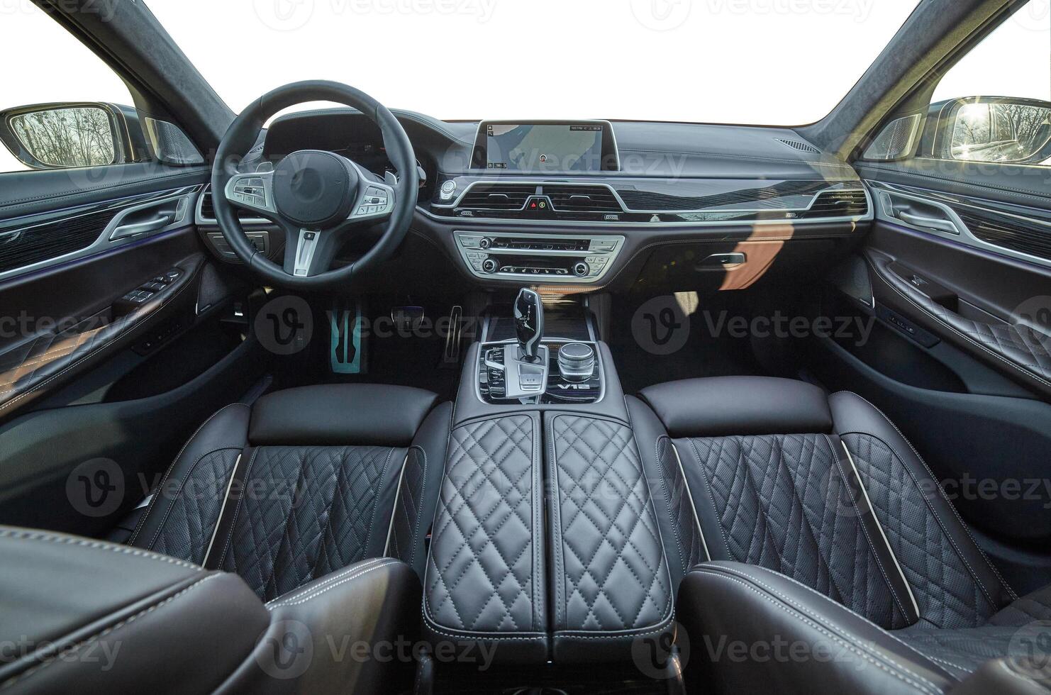 Inside moden car background, luxury car interior with blank white windows background, car elements photo