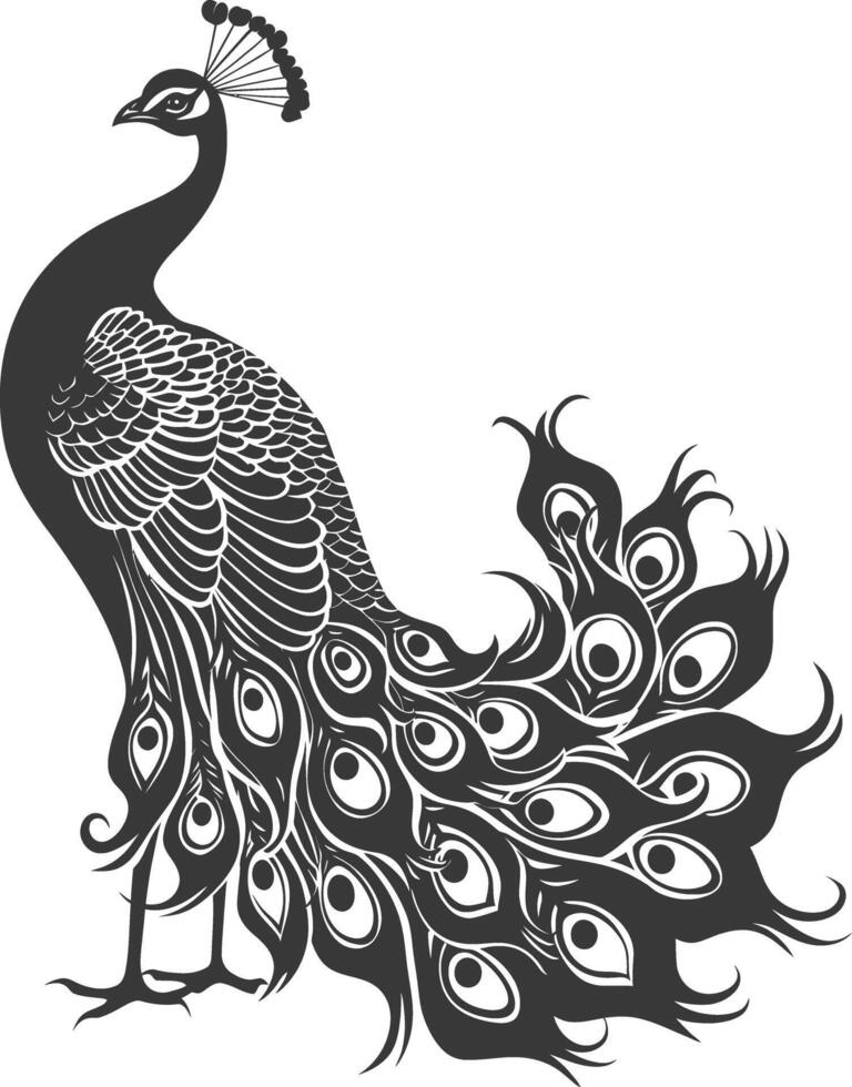 AI generated Silhouette Peafowl Birds Animal raise feather tail black color only vector