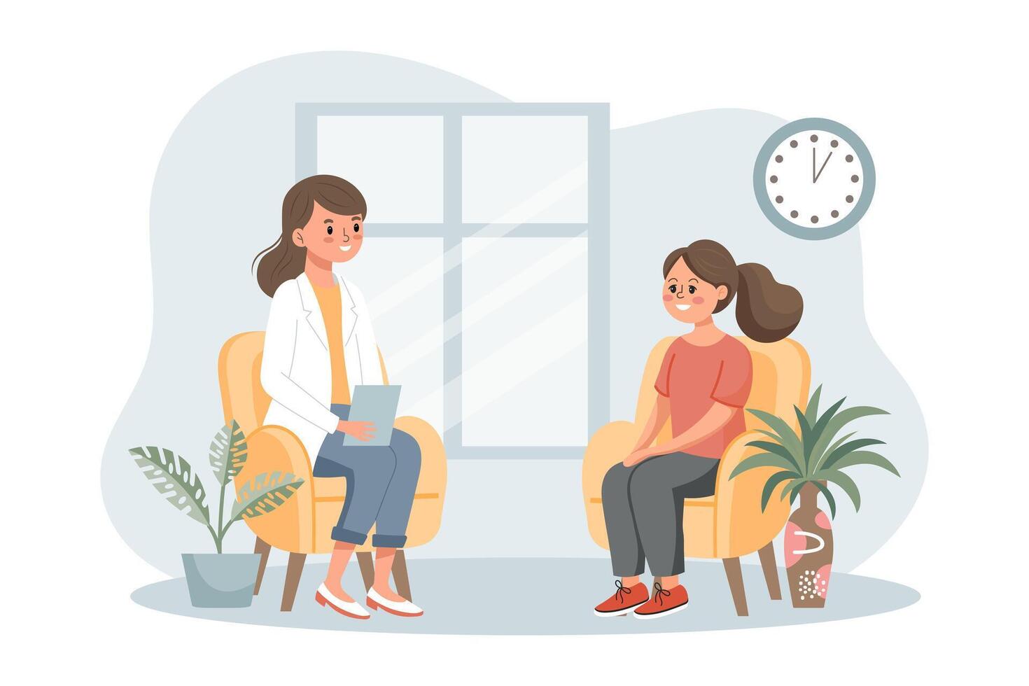 Psychotherapy online, girl talking to a psychologist on the screen. Mental health banner or landing page template. Illustration, vector