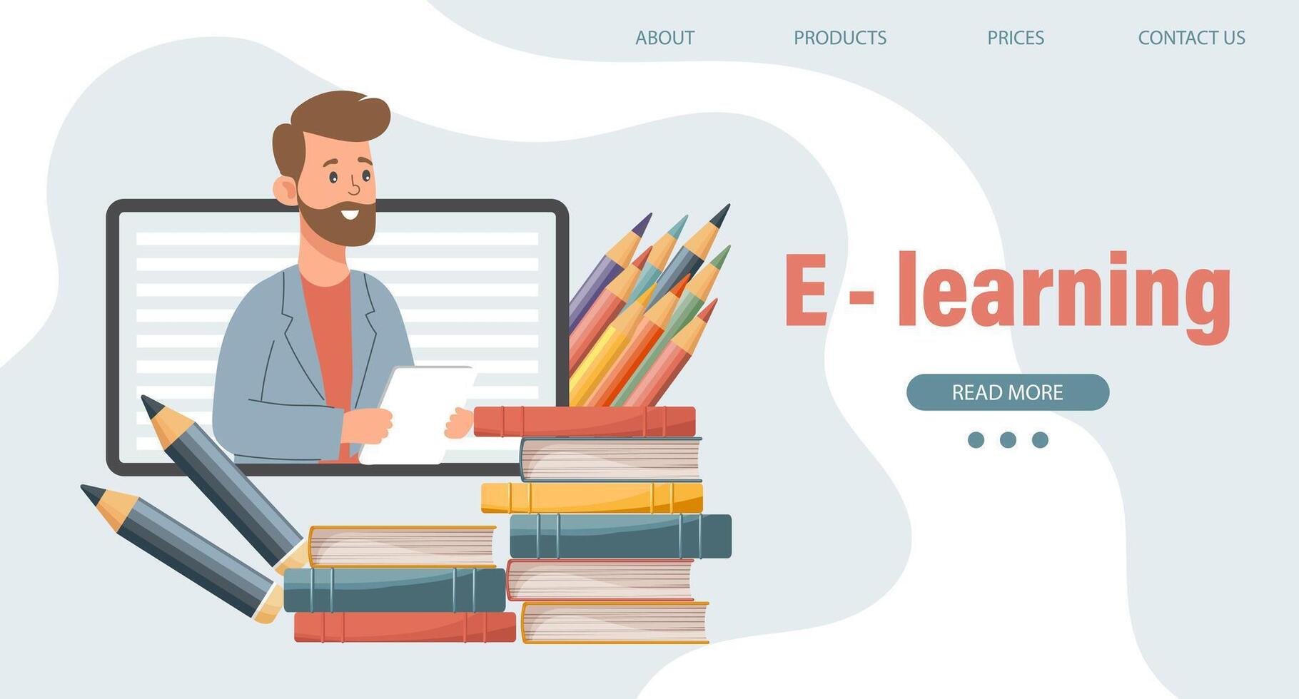 Online education or business training. Teacher, computer mentor and a pile of books and pencils. Illustration, template for landing page. Vector