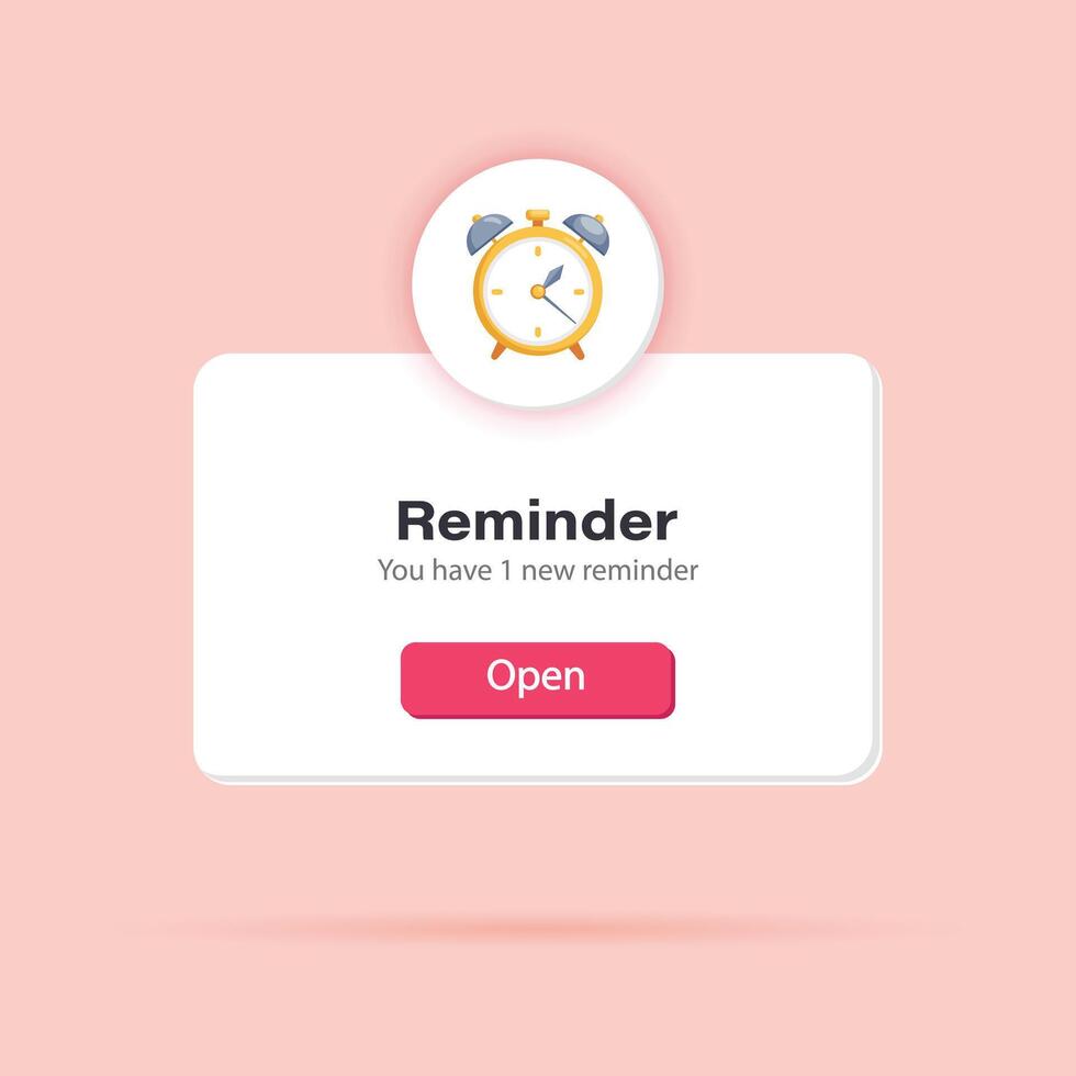 3d reminder. Popup page with reminder alarm clock. Social media, business or event planning. Vector