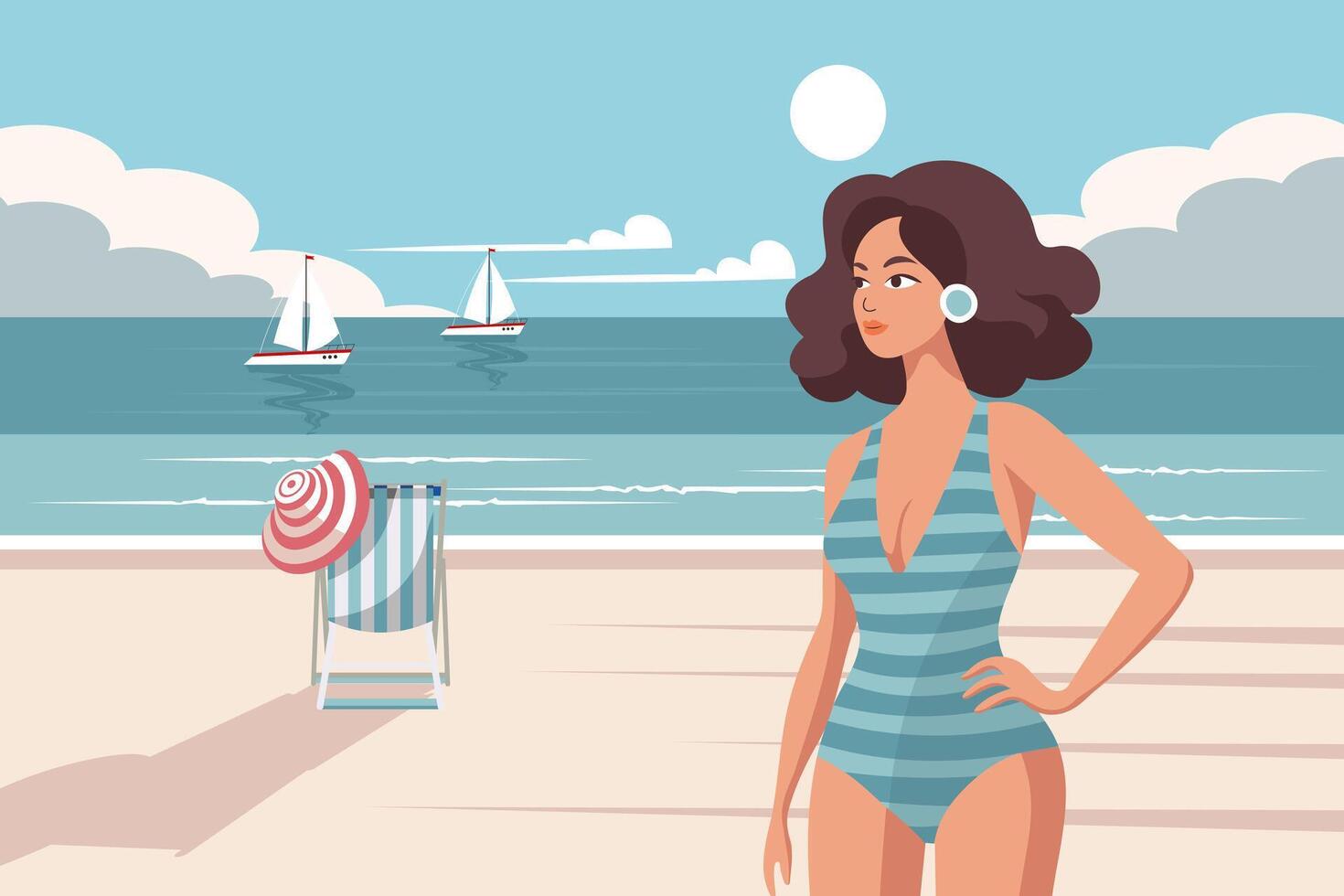 Seascape. Vacation time. Woman on the beach in a swimsuit sunbathing on the background of the see shore. Illustration. Vector