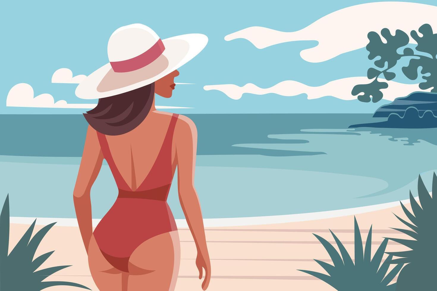 marina. vacaciones tiempo. mujer en el playa en un traje de baño broncearse en el antecedentes de el ver costa. ilustración. vector