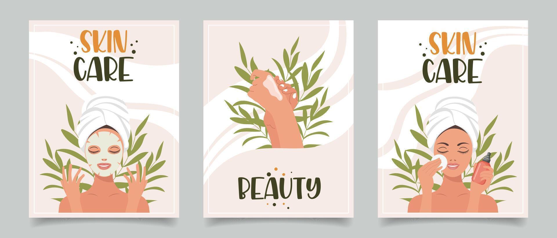 Set of flyers with woman, cosmetics, beauty products. Beauty, skin care, cosmetics, shower concept. Illustration for banner, card, advertising, poster. Vector