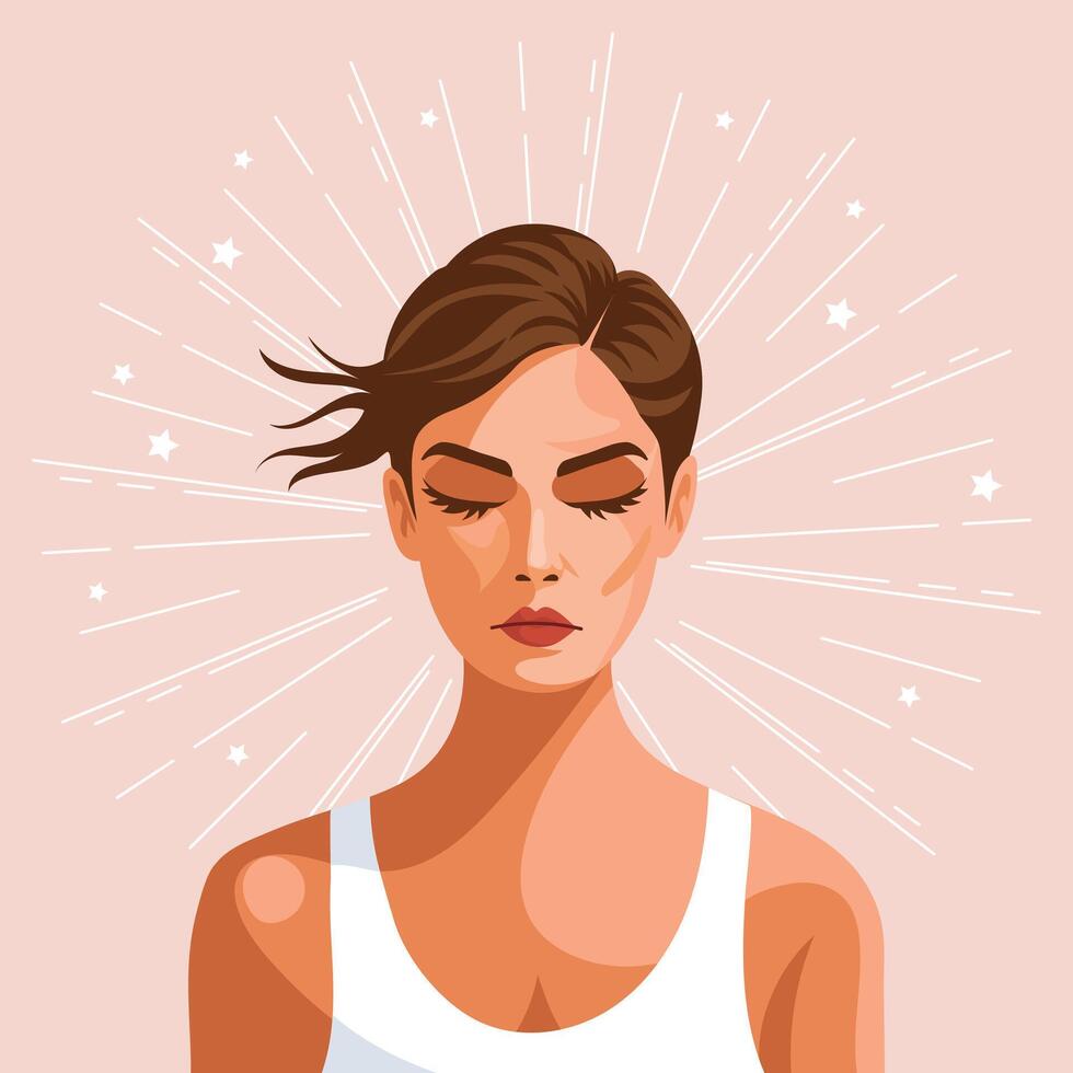 joven mujer con cerrado ojos en un antecedentes con estrellas. mental salud concepto. ilustración. vector